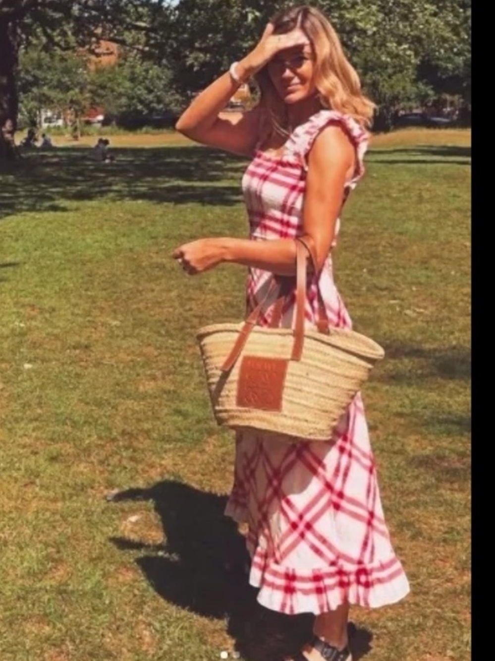 Ganni XS red pink  and White Seersucker Check Midi Dress
